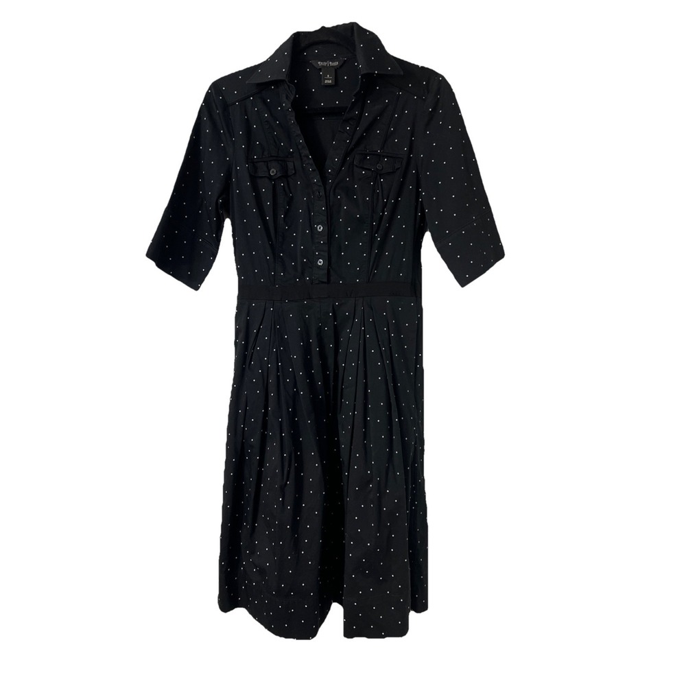 White House Black Market Shirt Dress womens 8 black polka dot witchy fall preppy
